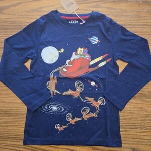 New Mini Boden Christmas Santa Sleigh Reindeer Space Shirt - Size 7-8